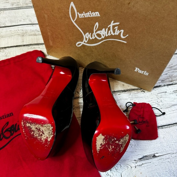 Christian Louboutin Highness Black Patent Platform Heels – Peep Toe, Size 39/9 - Picture 10 of 13